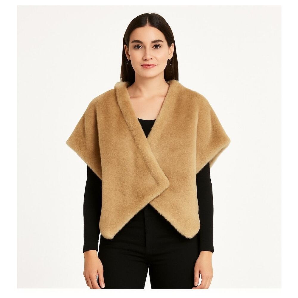 2000s Sisley Tan Faux Fur Shawl Wrap Poncho Cape Size small oversized